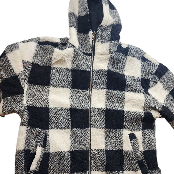 Buffalo Check Sherpa Fleece Jacket Large Black White Plaid Zip Hooded Coat Cozy - Picture 2 of 14